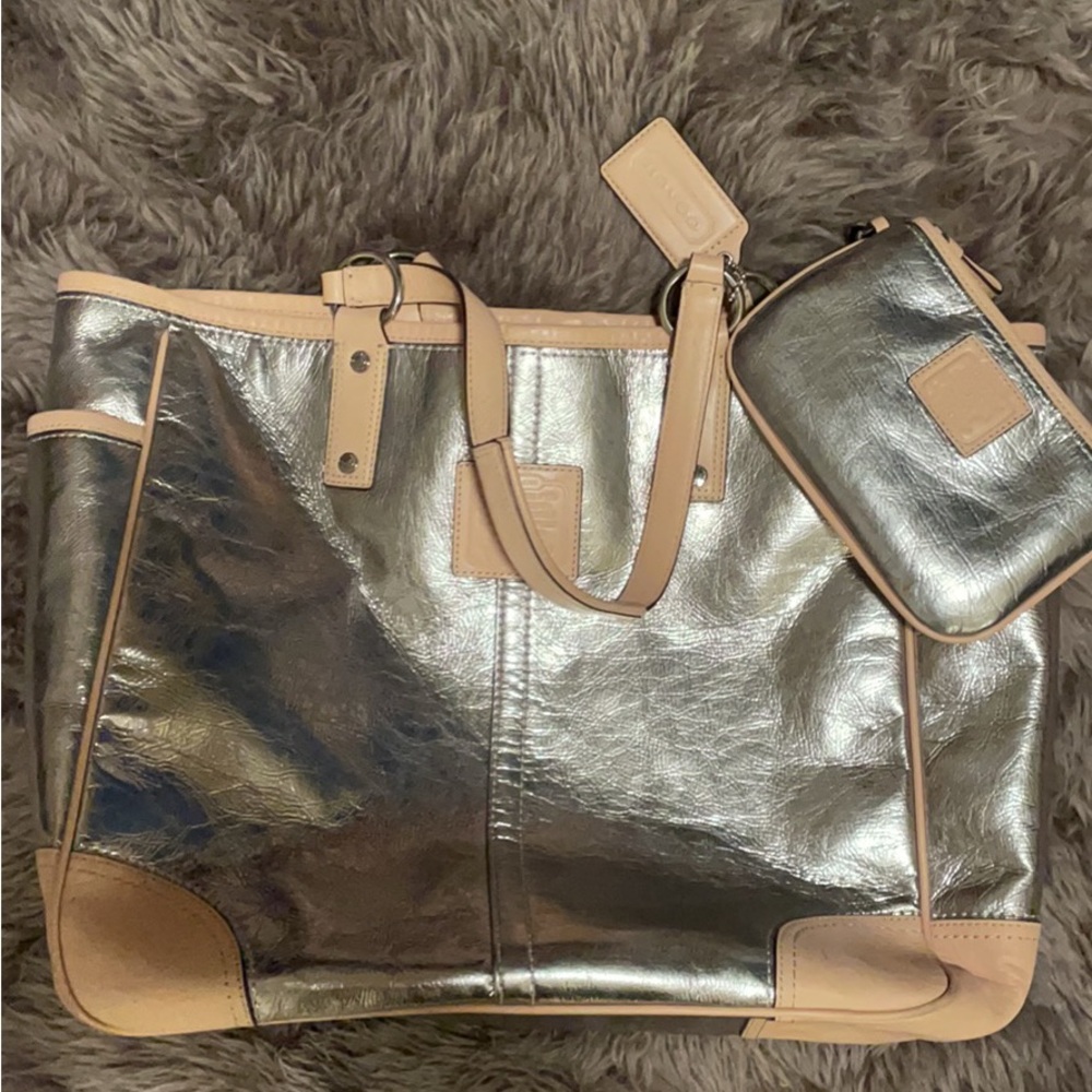 Coach Silver and Tan Totes with Luxurious Glossy Finish